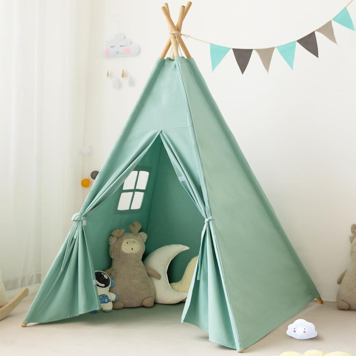 RongFa white canvas teepee tent for kids with wooden poles, flap door and mesh window - view 2