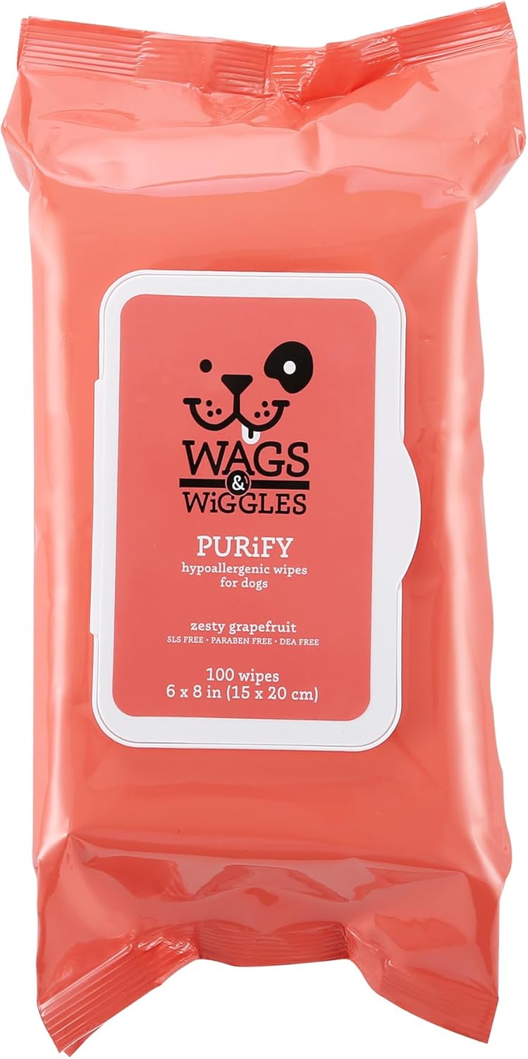 Wags & Wiggles Hypoallergenic Dog Wipes, Fragrance-Free - Zesty Grapefruit - Hypoallergenic / 100 Count (Pack of 1)