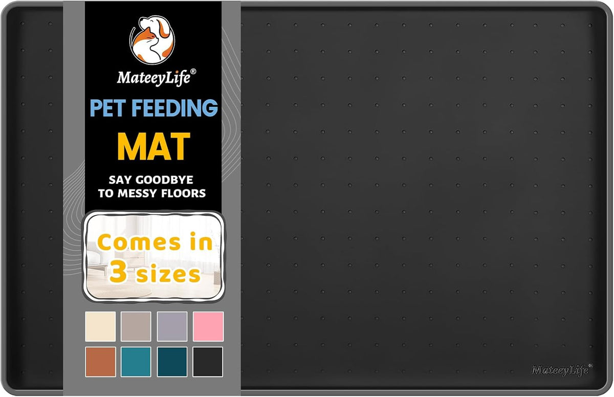 MateeyLife Silicone Cat & Dog Food Mat for Floors Waterproof - Black / 24"L x 16"W