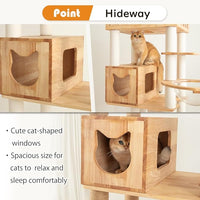74" Wooden Cat Tree Tower for Large Cats, Multi-Level Cat Climbing Furniture with Scratching Posts, Cat Condo & Hammock, Natural Wood Cat Activity Center (White)