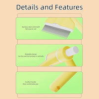 360° Press and Rotate Flea Comb for Cats and Dogs - Self-Cleaning Pet Hair Removal Tool with Release Button & Long-Short Stainless Steel Teeth for Shedding (Yellow)