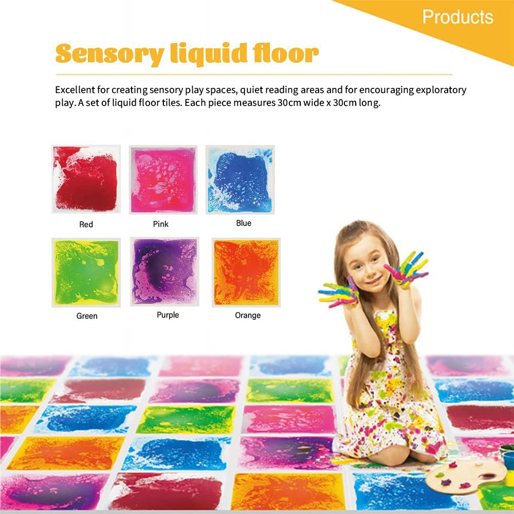 edusense 4 pack of 11.8 inch liquid sensory floor tiles with moving multicolor gel and non-slip base - view 5