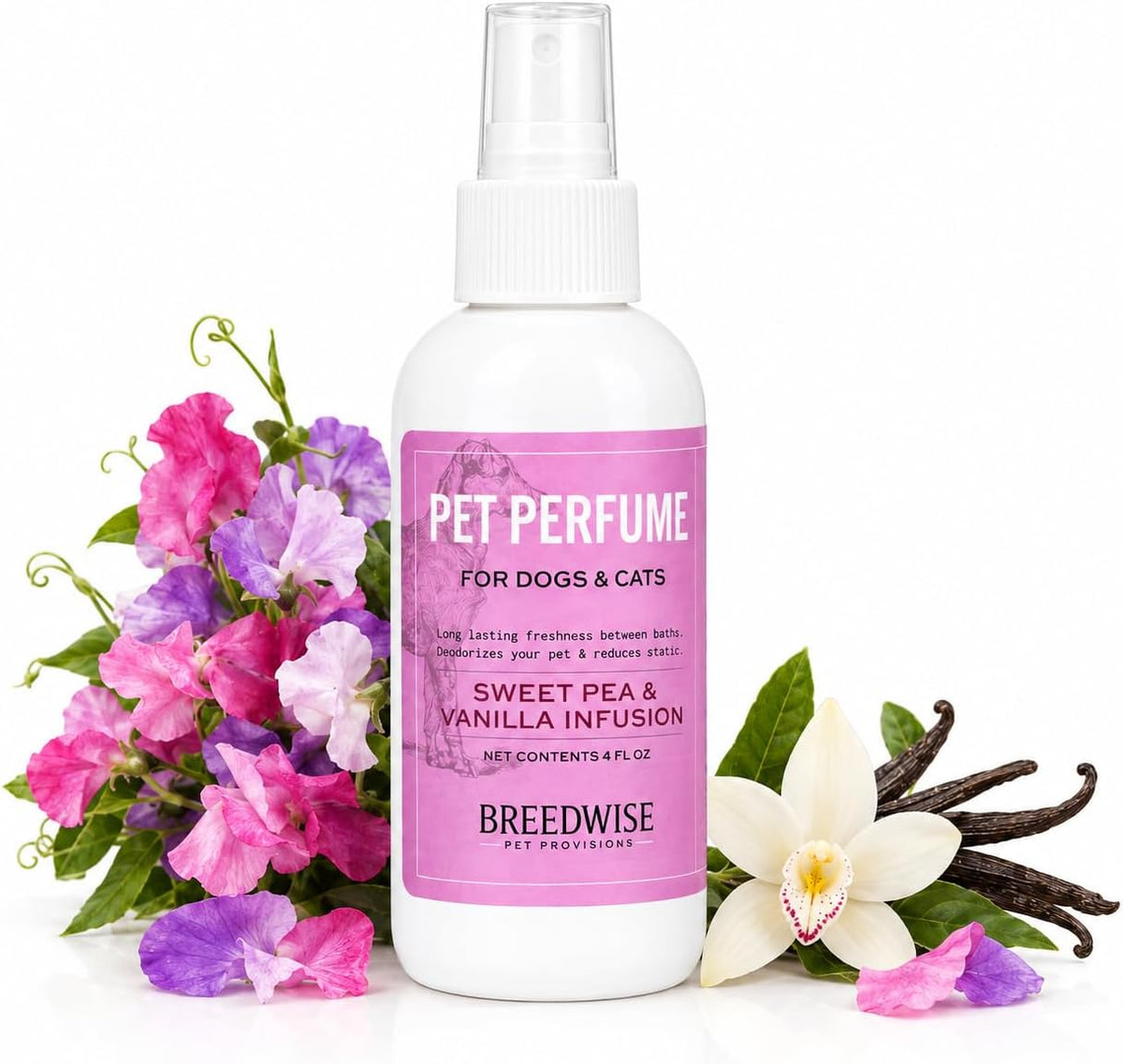 Breedwise Pet Provisions Sweet Pea and Vanilla dog perfume spray in a 4 oz bottle