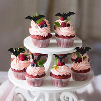 12 black glitter Halloween bat cupcake toppers in 4 patterns on cupcakes - view 38