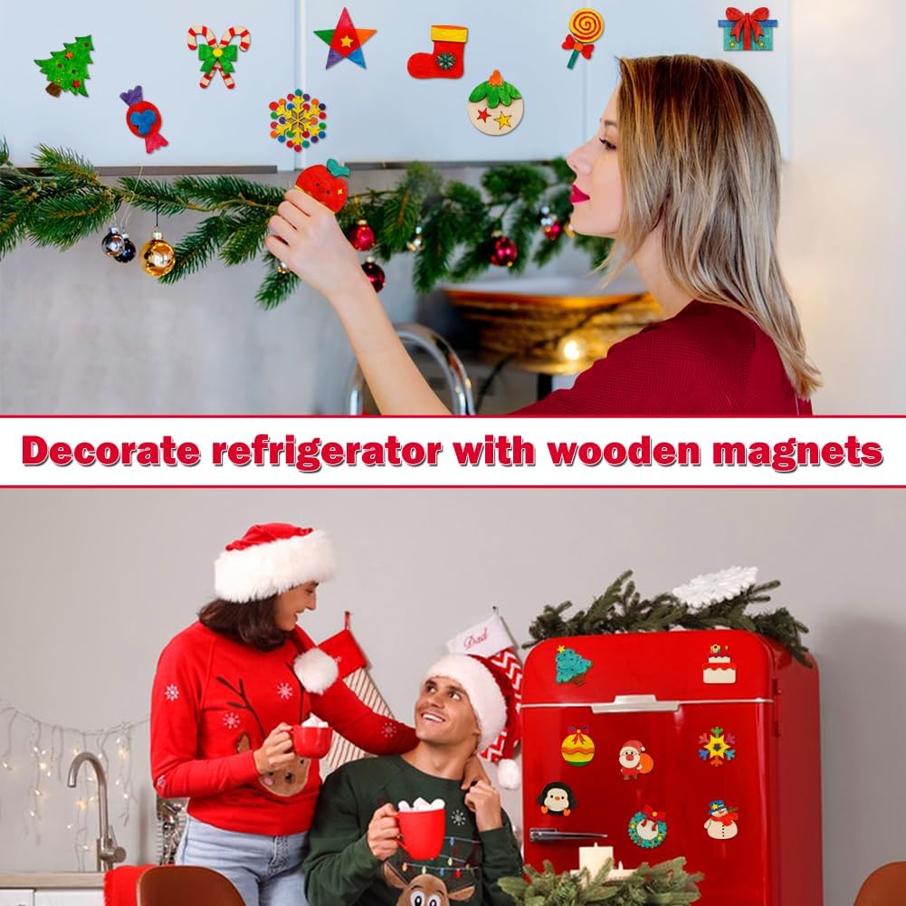 Worgree DIY wooden Christmas magnets craft kit with trees, ornaments, snowflakes and colored pens - view 4