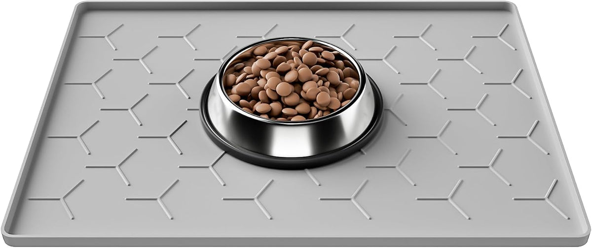 Pieviev Silicone Dog Cat Food Bowl Mat, Waterproof Raised Edge - S-16''X12'' / Light Gray