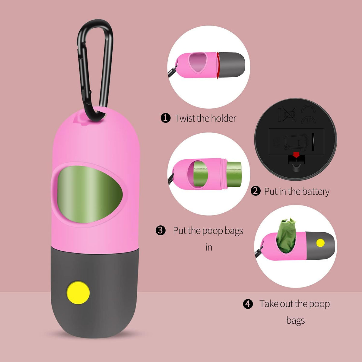 2 Pack Dog Poop Bag Dispenser with Built-in LED Flashlight - Pink - image 4