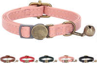 THAIN Leather Cat Collar with Bell Breakaway, Adjustable - Pink