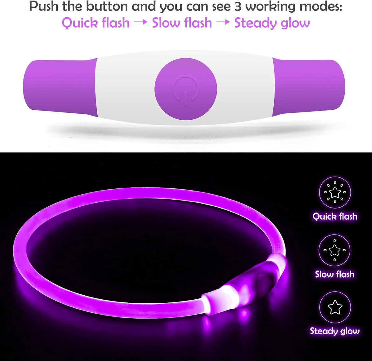 Led Dog Collar, BSEEN USB Rechargeable Flash Light up Dog Collar – Essentials for Dogs - Purple - image 3
