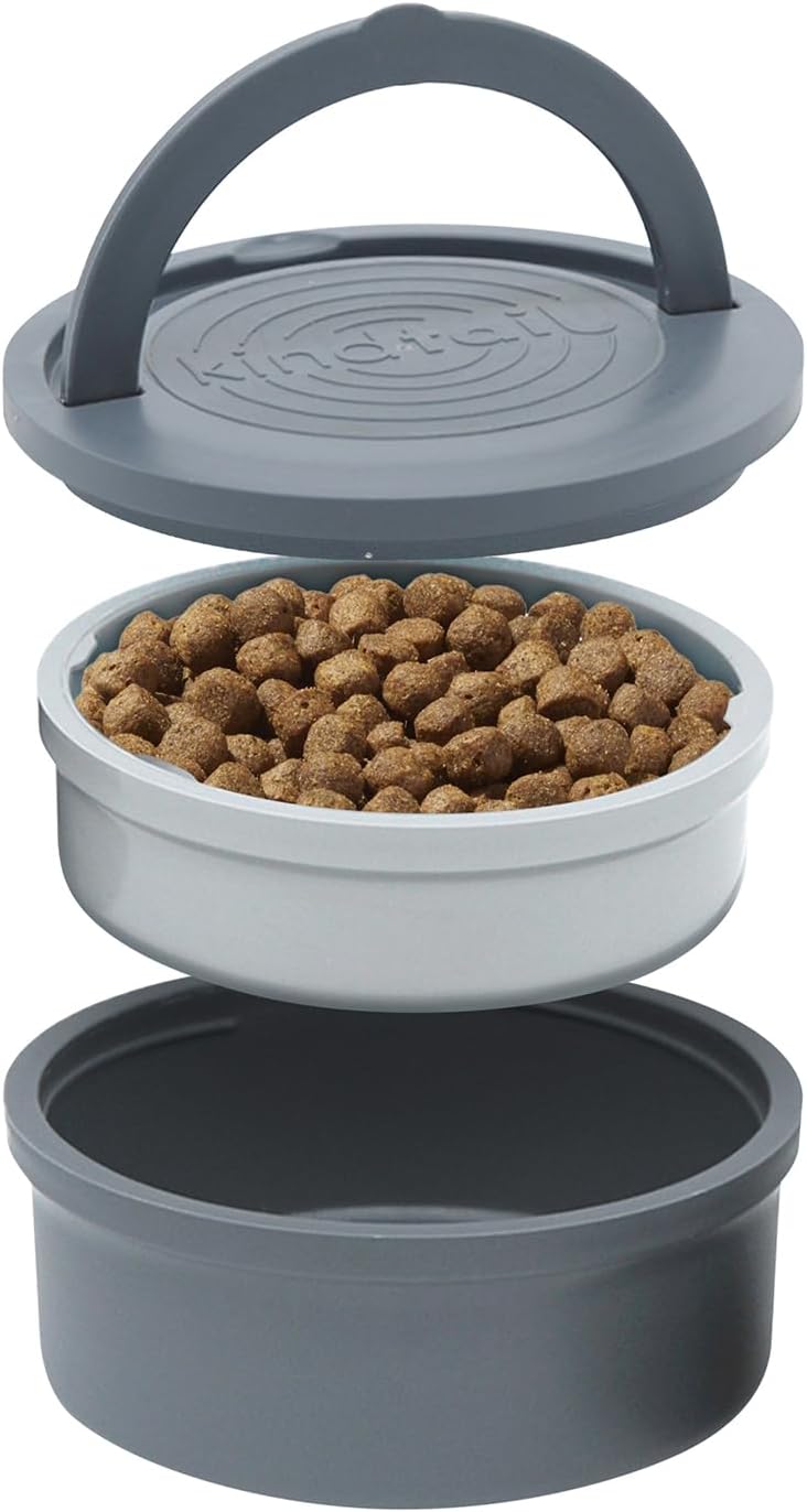 Dog Travel Bowls - Set of 2 Portable Pet Food & Water Dishes with Lid & Handle - Each Nesting - Grey / Large