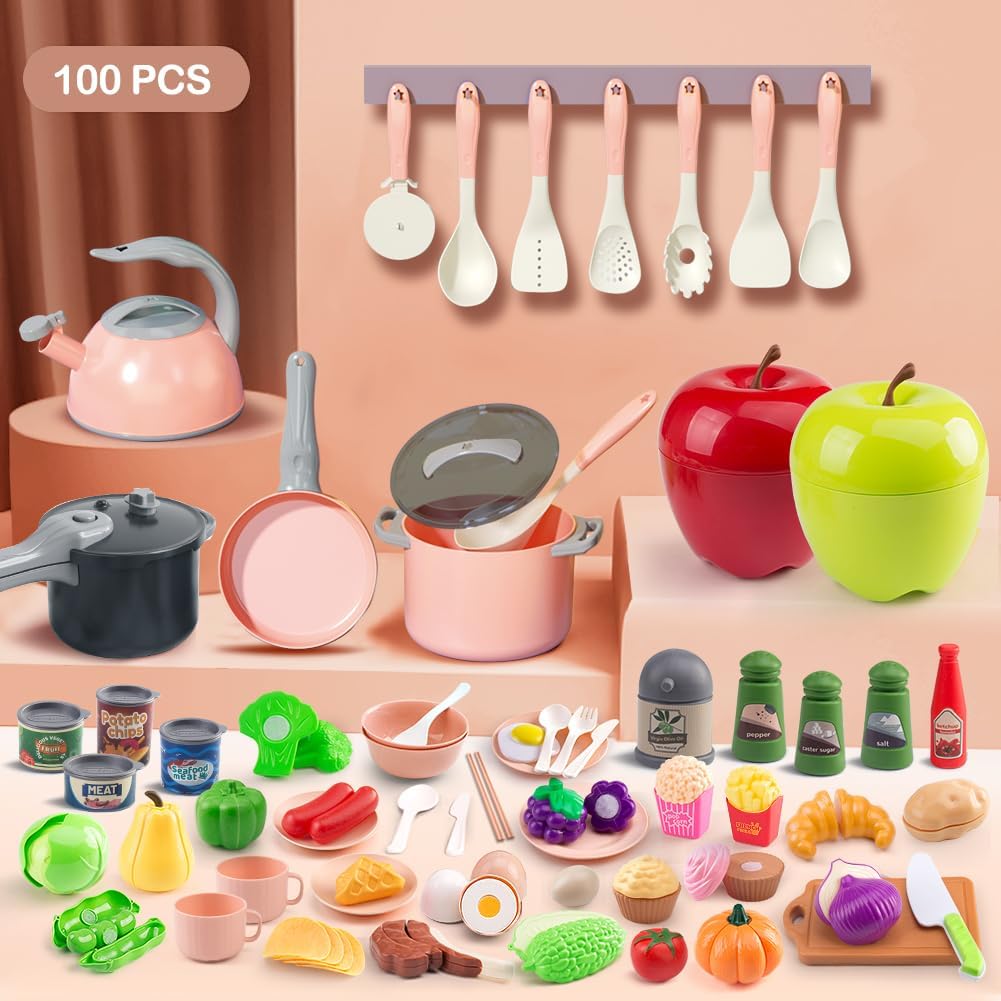 130Pcs Kitchen Playset, Toddler Pretend Cooking Play Pots, Pans - Pink / 100 Pcs - image 2