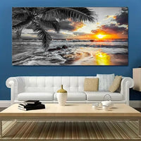 Yxbhhym-Large Canvas Ocean Wall Art Black White Gold Wall Art Beach Pictures for Walls Sunrise Seascape Scenery Print Palm Poster Wave Sea Artwork for Wall Art Living Room Office Wall Decor Bedroom