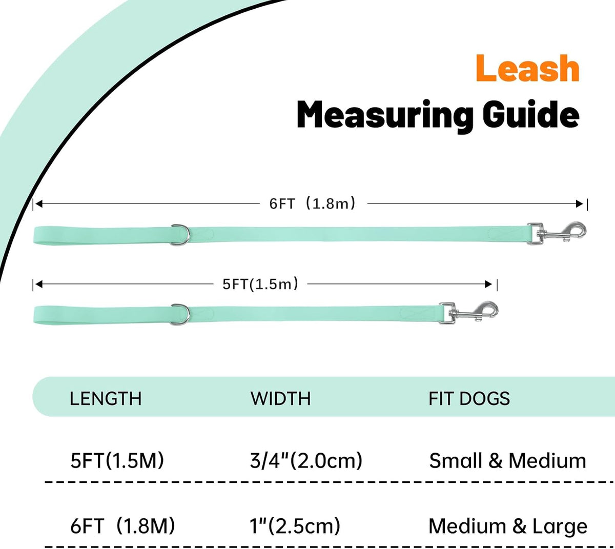 Waterproof Dog Leash, 5/6 FT Durable Odor-Proof Dog Leashes with Strong Metal Hooks Fits Small - Mint Green / 5FT - 3/4 inch Width - image 4