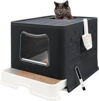 XL Foldable Cat Litter Box with Lid, Jumbo Enclosed Potty - BLack / X-Large