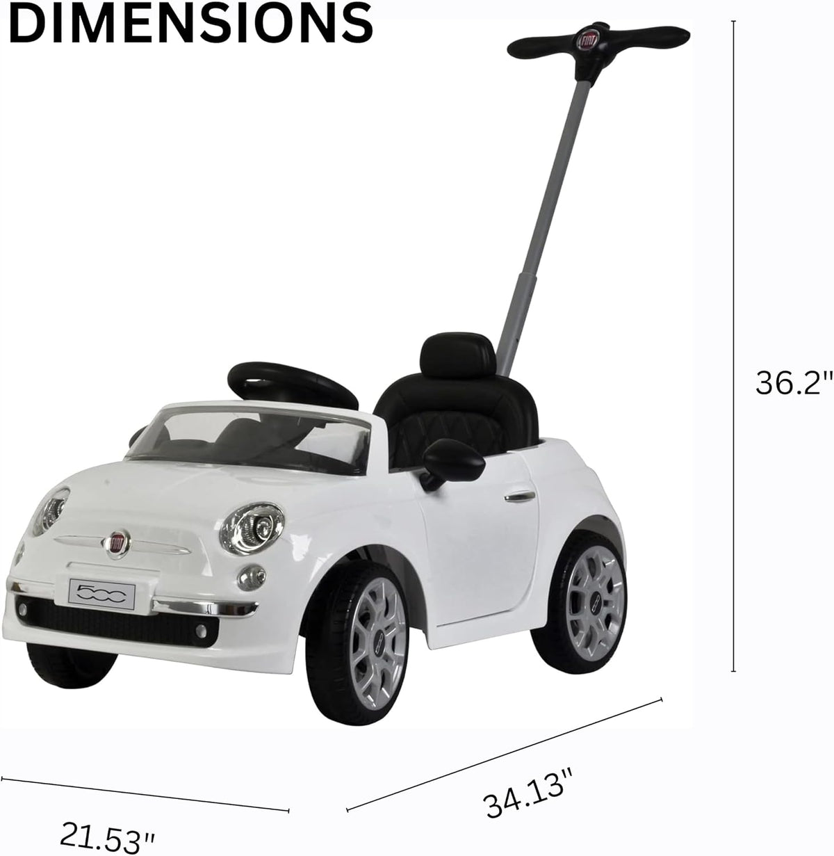 White Fiat 500 push car ride-on with stroller handle by Best Ride On Cars - view 3