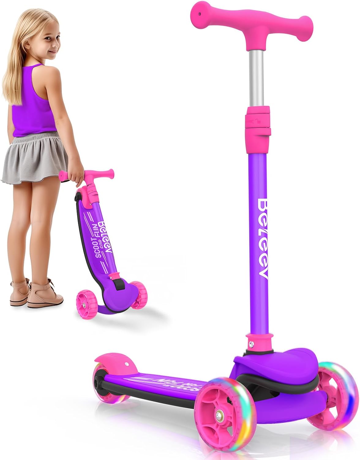 BELEEV A8 Scooter for Kids Ages 3-12 - Pink Purple