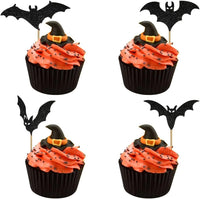 12 black glitter Halloween bat cupcake toppers in 4 patterns on cupcakes - view 10
