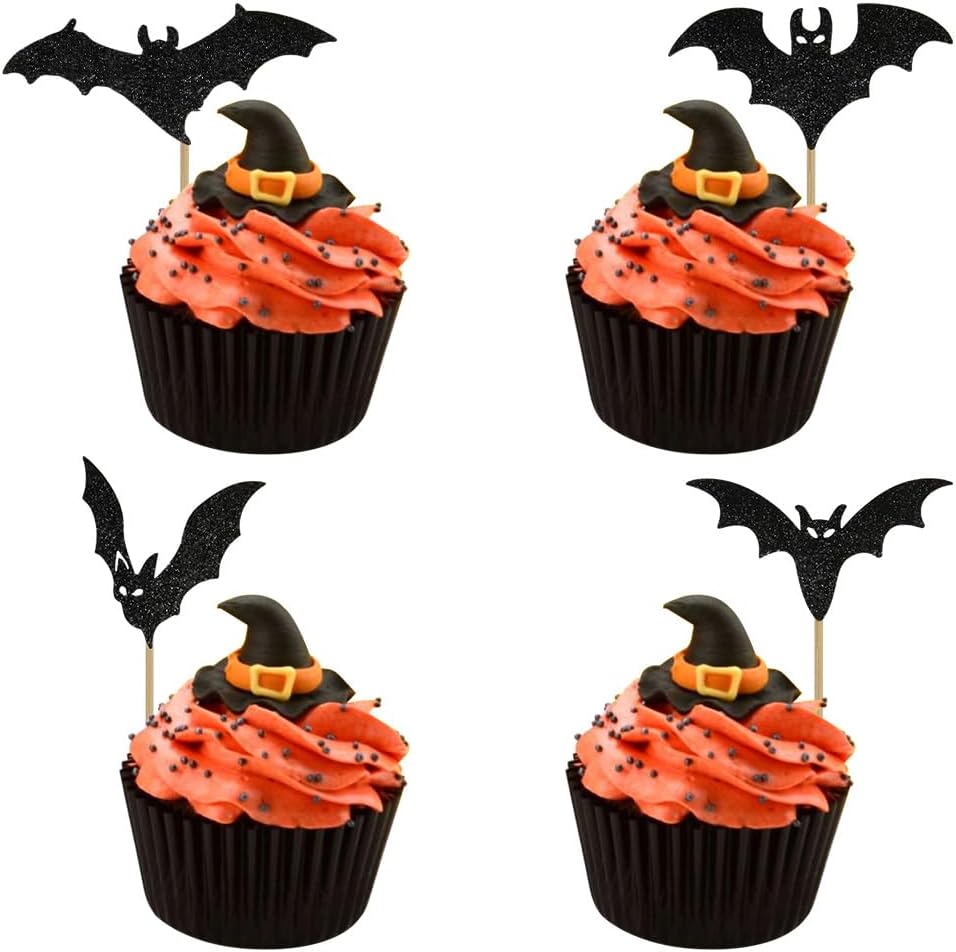 12 black glitter Halloween bat cupcake toppers in 4 patterns on cupcakes - view 10