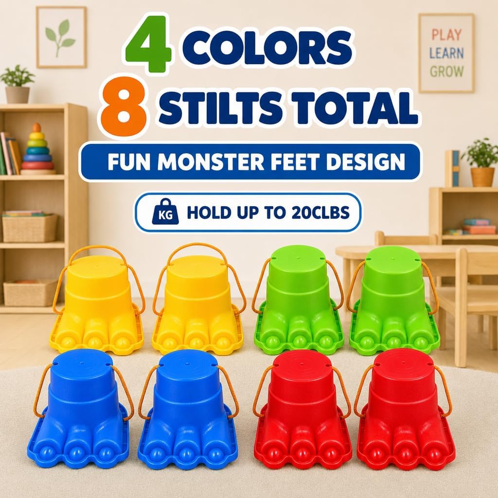 IROO balancing stilts for kids, 4 pairs of monster feet in red, yellow, blue and green - view 3