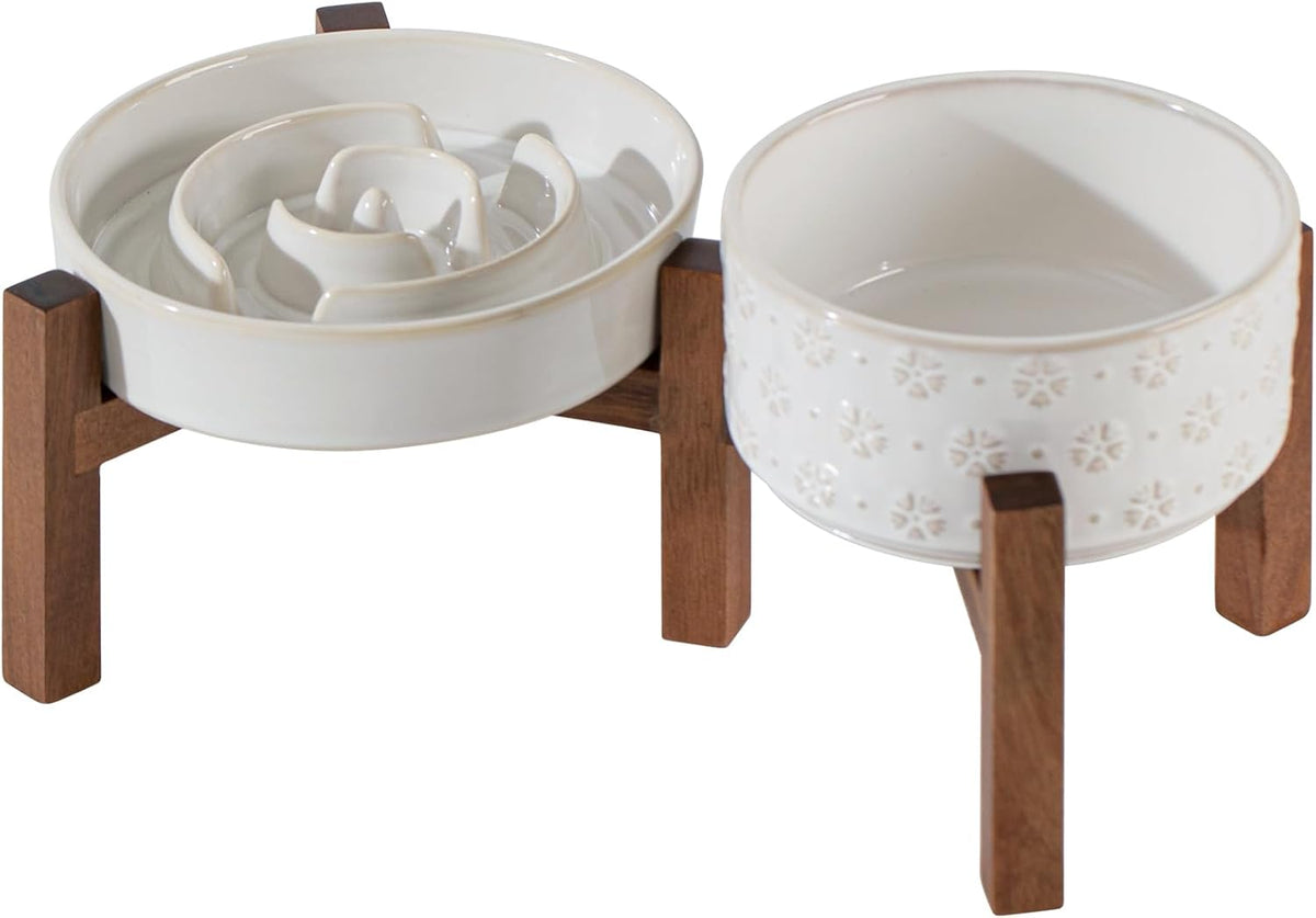 Raised Slow Feeder Dog Bowls, Elevated Dog Bowls Slow Feeder – Essentials for Dogs - 2 x White + Stand - A / M- 7.3inch / 1.2 Cups