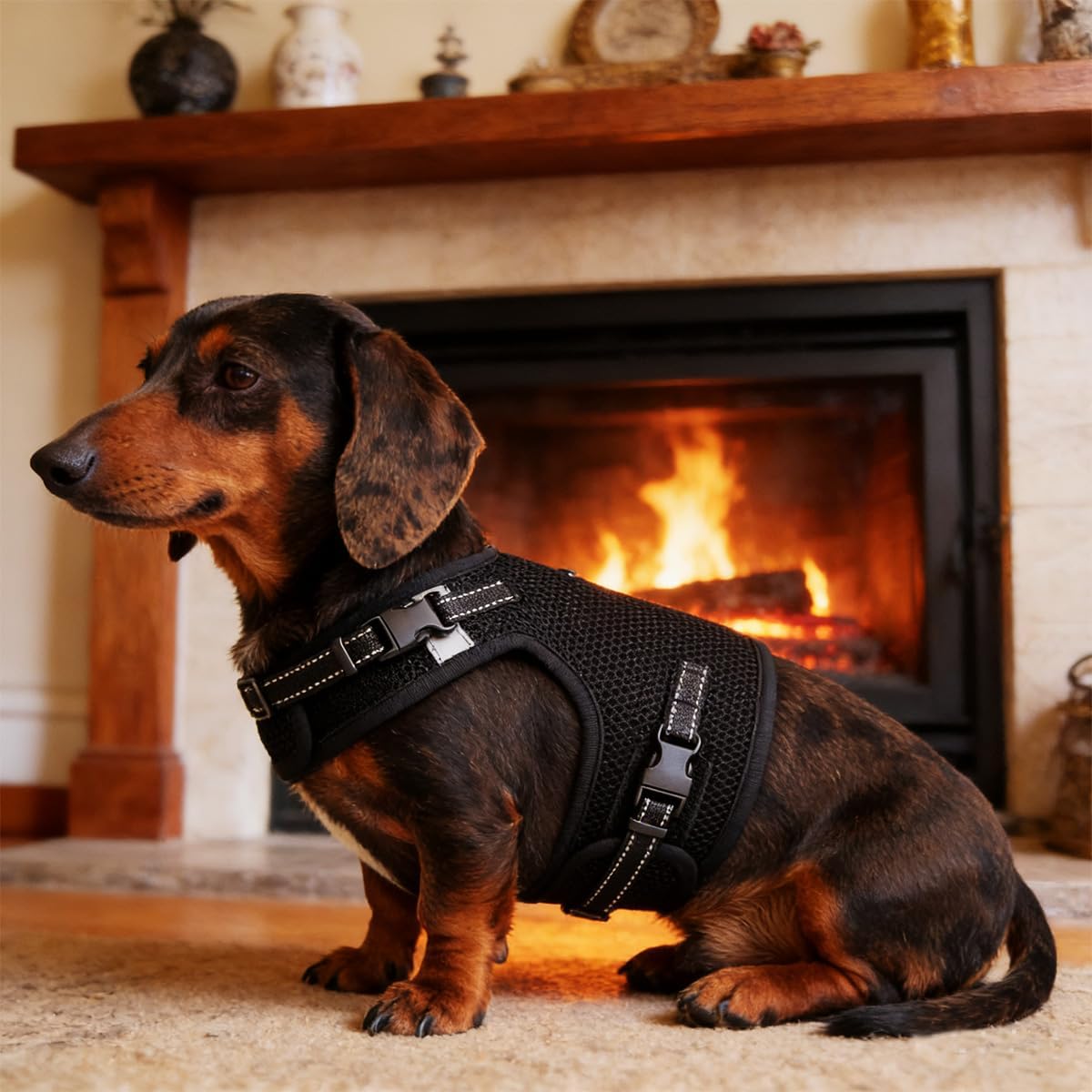Mini Dachshund Harness, No Armpit Rub, Escape Proof, Reflective - Black / M: Chest 42-52cm (16.5"-20.5") - image 4