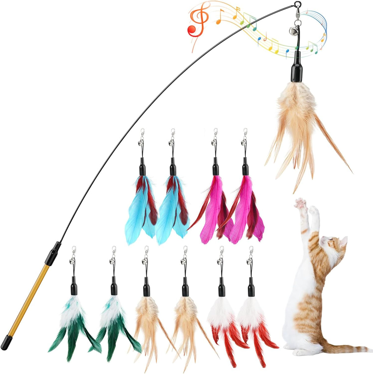 Pawaboo Cat Feather Wand Interactive Toy - Z-Mixed Color-10 Pack