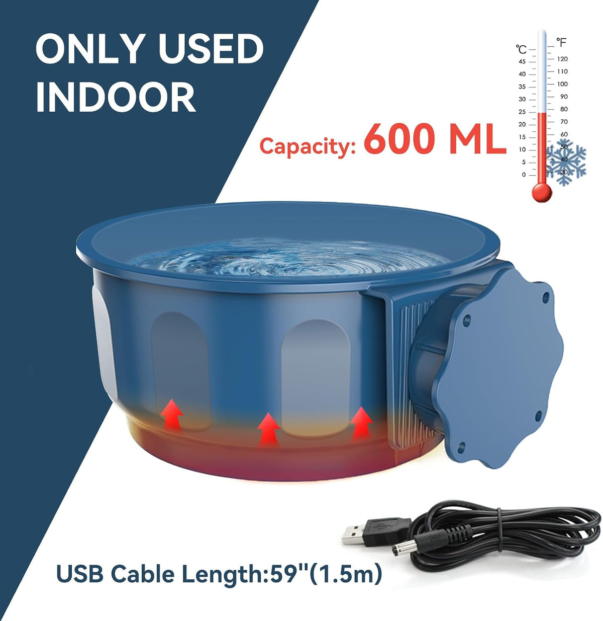 Namsan indoor heated pet water bowl, 0.6 L, hangable with USB power cable - view 4