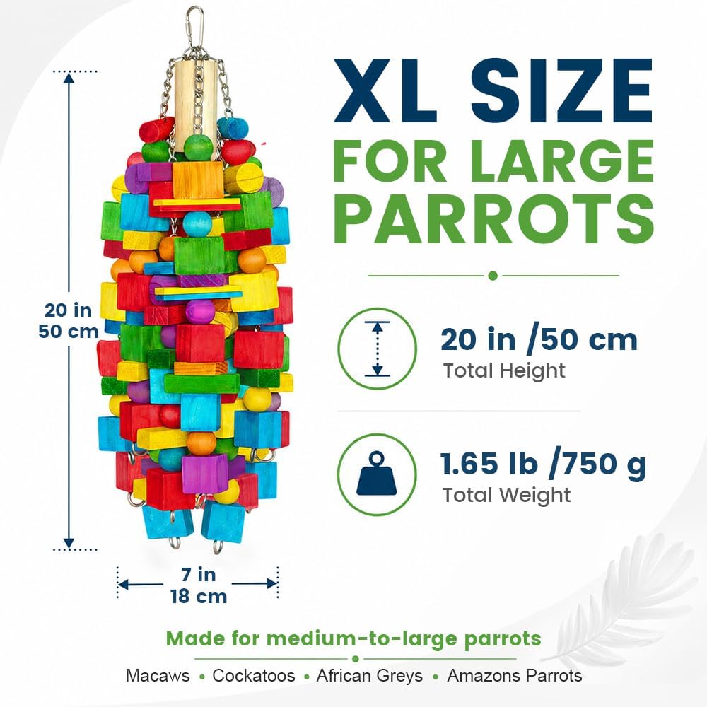 Large Bird Toy, 20 in XL Parrot Toys Natural Wood Blocks Bird Chew Toy for Foraging, Stainless - image 3