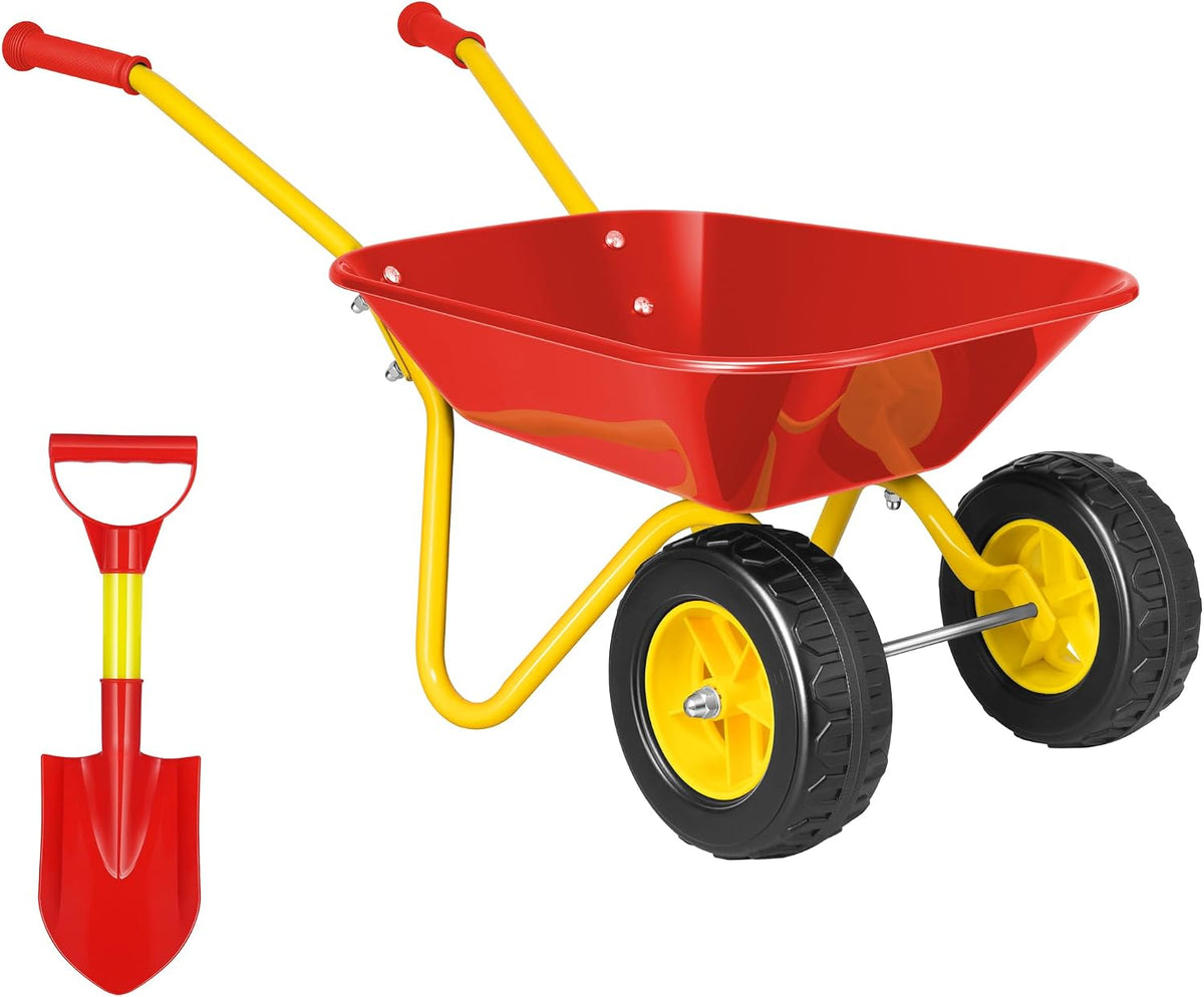 VIVOHOME kids wheelbarrow with two wheels, metal frame and plastic shovel