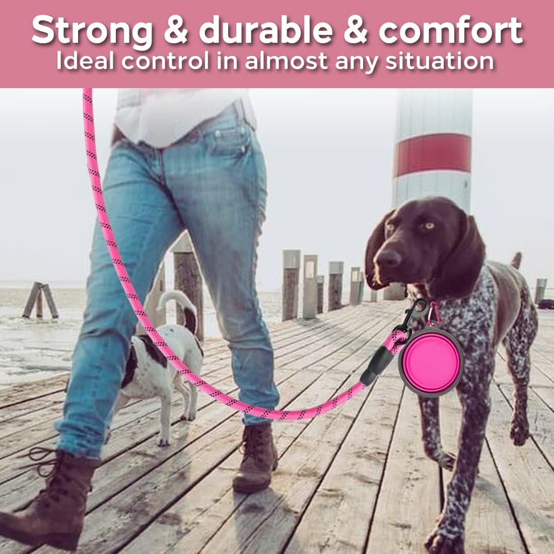 COOYOO 2 Pack Dog Leash 5 FT Heavy Duty - 1/2"x 5 FT (18~120 lbs.) / Set 1-Black+Pink - image 3