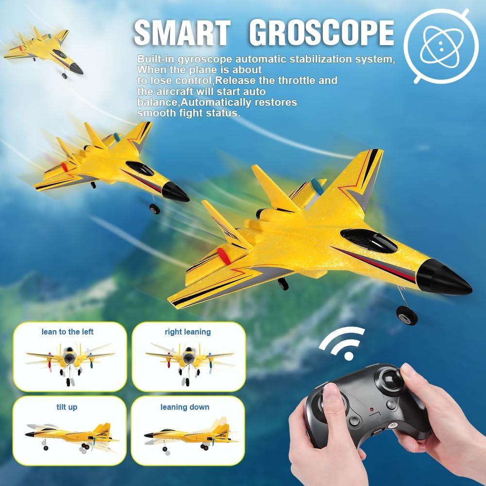 SU-27 RC Airplane,2.4GHz 2 Channel Remote Control Plane with Gyro Night Lights and 2 Batteries - Su27 Yellow - image 3