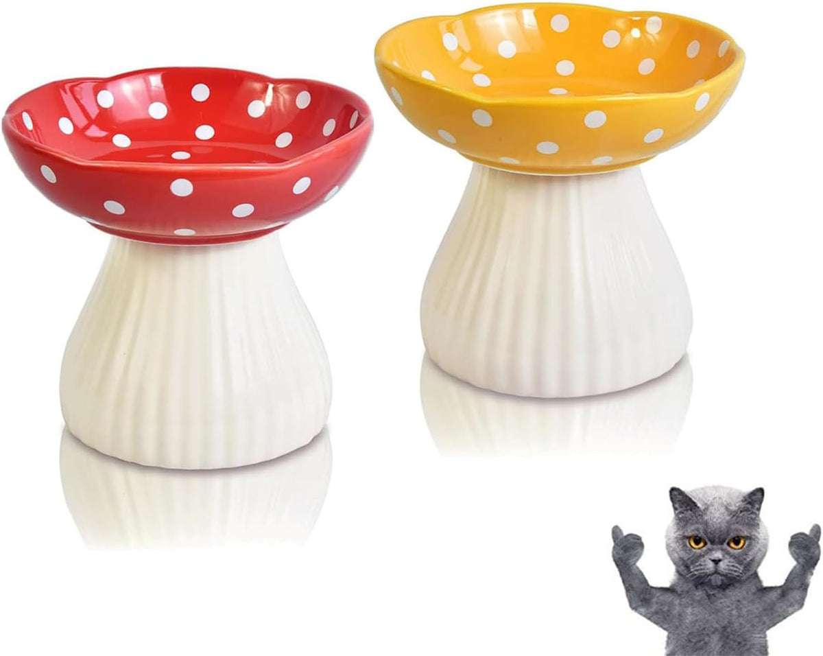 Mushroom Cat Bowl, Whisker Fatigue Cat Bowl, Cute Cat Bowls - Red+Yellow
