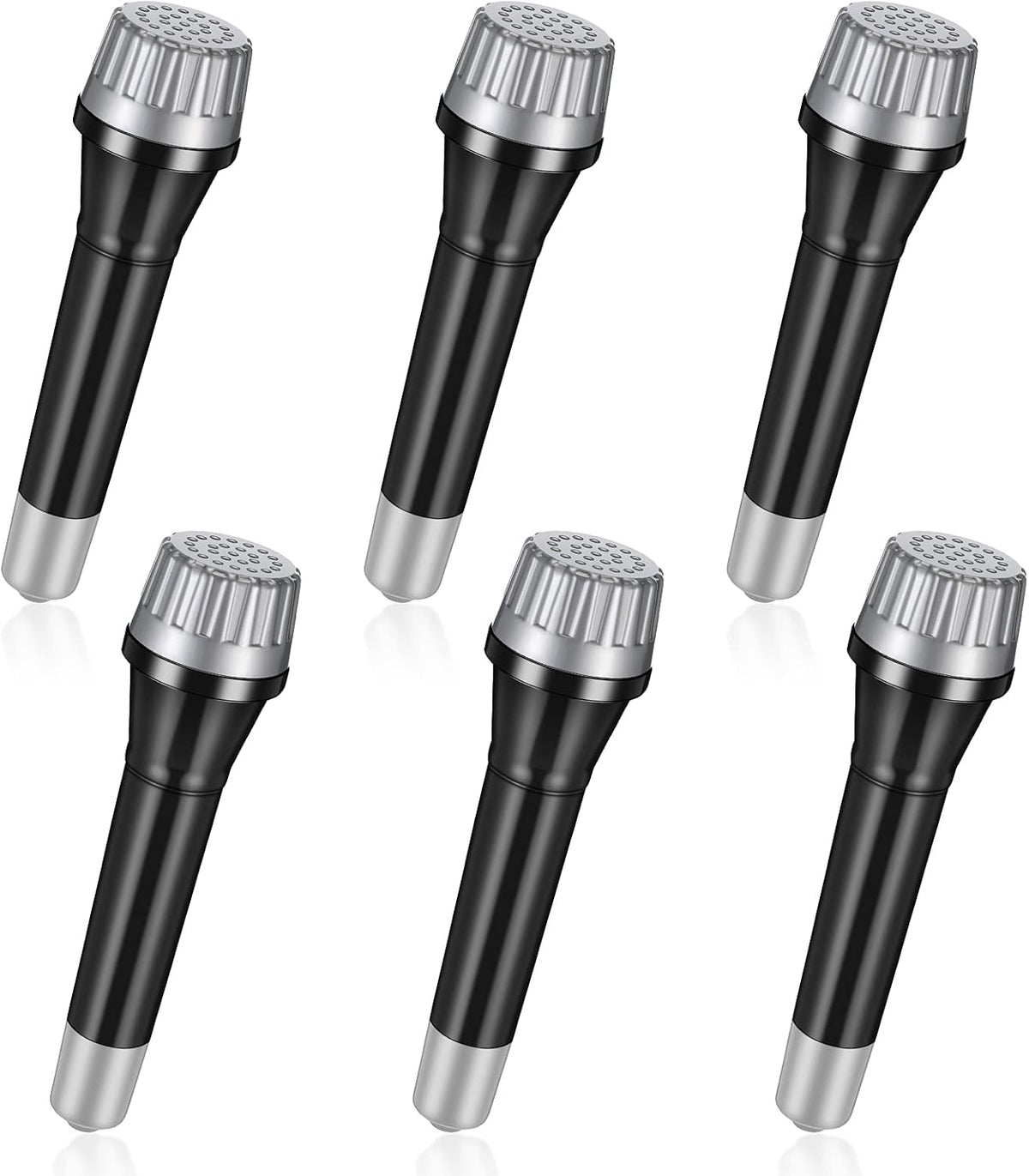 Jerify 6 pack of black plastic toy microphone props with silver tops for kids