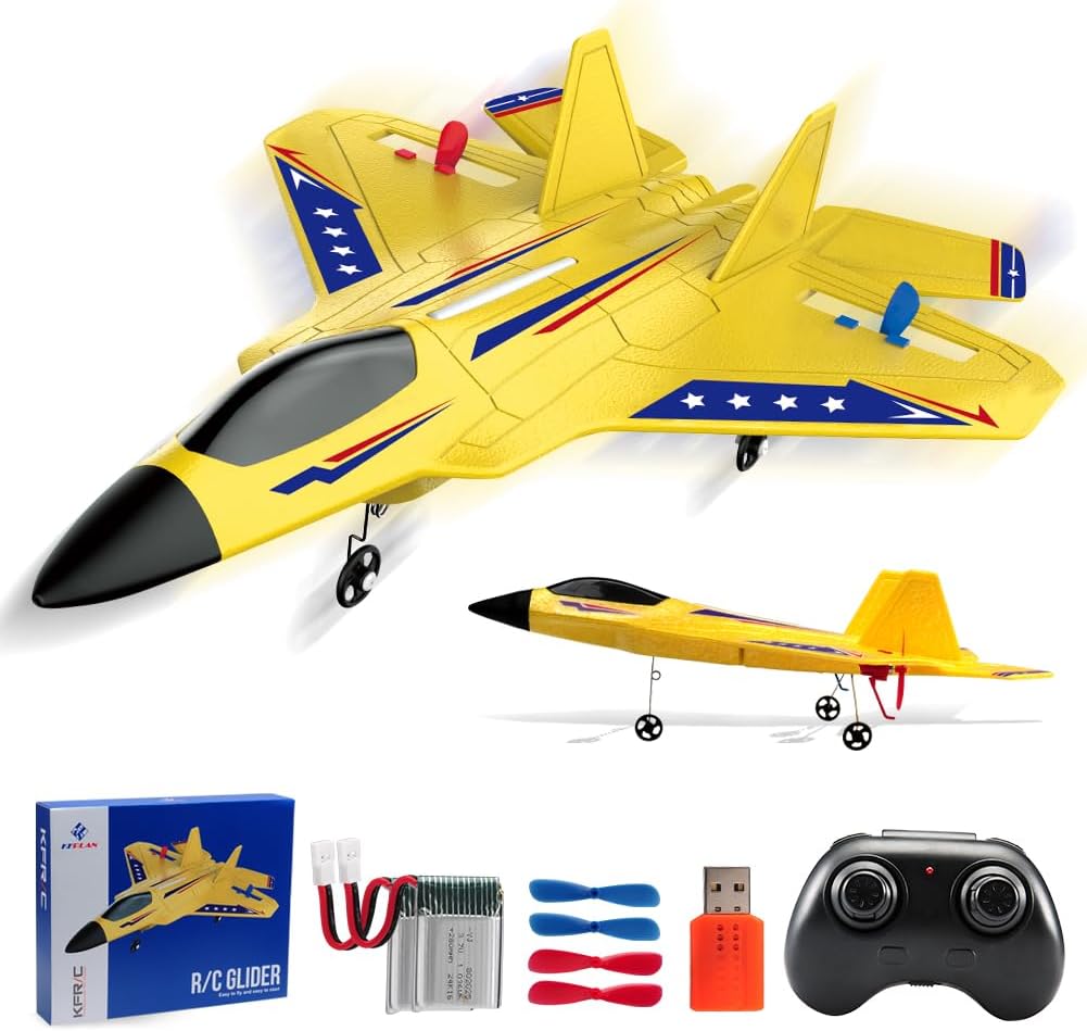 SU-27 RC Airplane,2.4GHz 2 Channel Remote Control Plane with Gyro Night Lights and 2 Batteries - Yellow 2 Batteries
