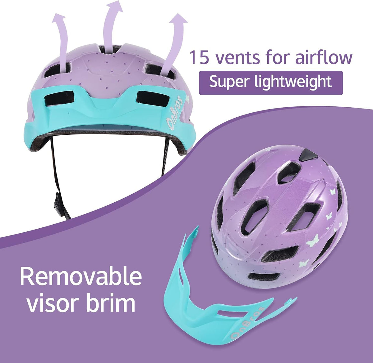 OnBros Kids Bike Helmet Boys Girls Youth Visor Adjustable 50-57CM – Fun for Kids & Family - A-Purple Butterfly[HOT] - image 3