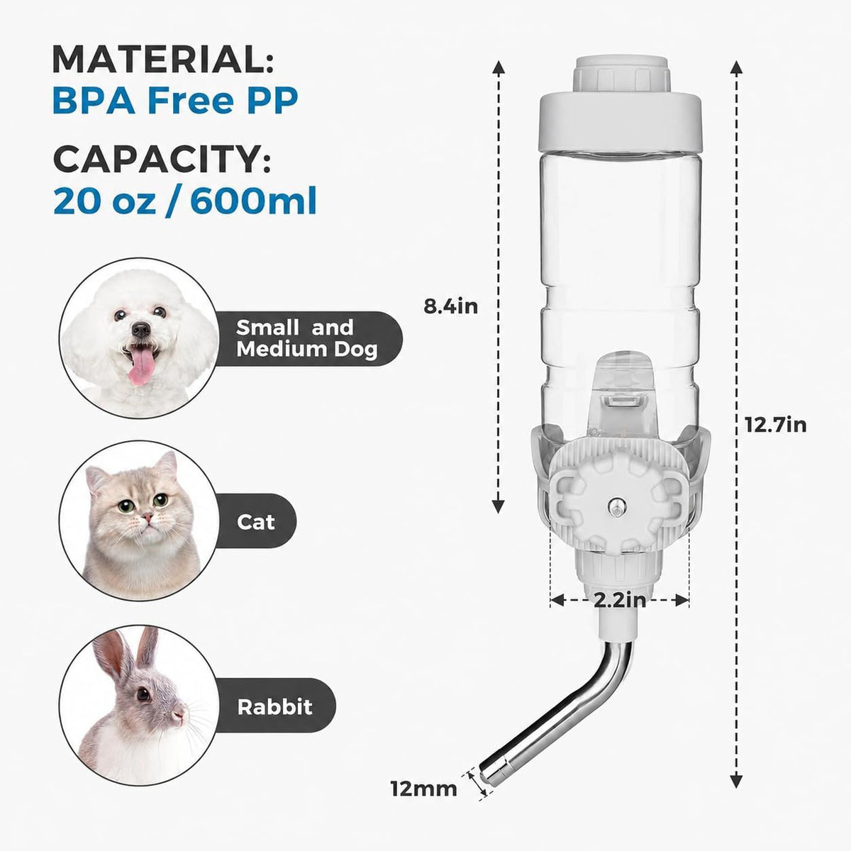 Vannon Water Bottle for Small Animals - 20oz / Grey - image 2