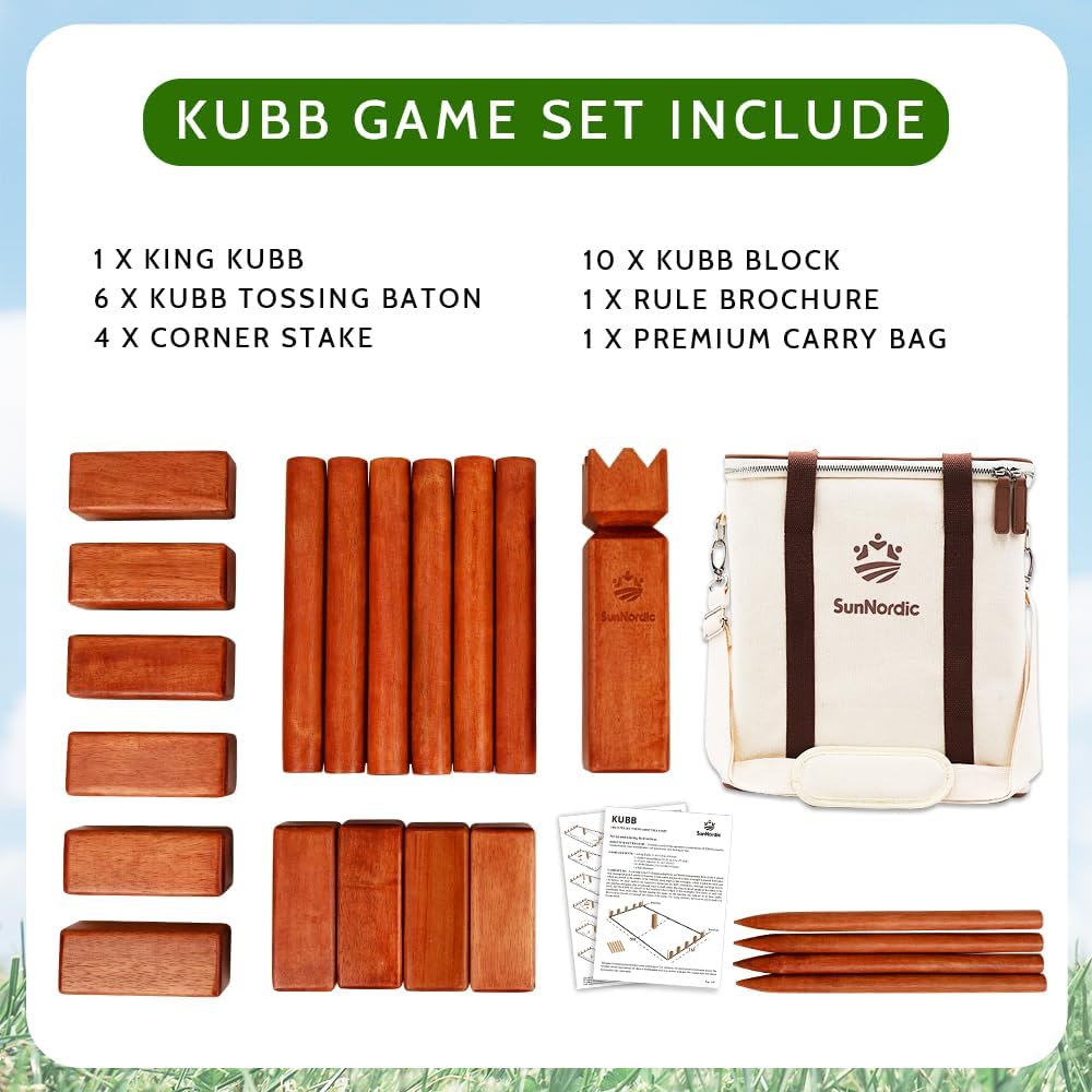 SunNordic rubber wood Kubb yard game set with king, blocks, batons and canvas carry bag - view 8