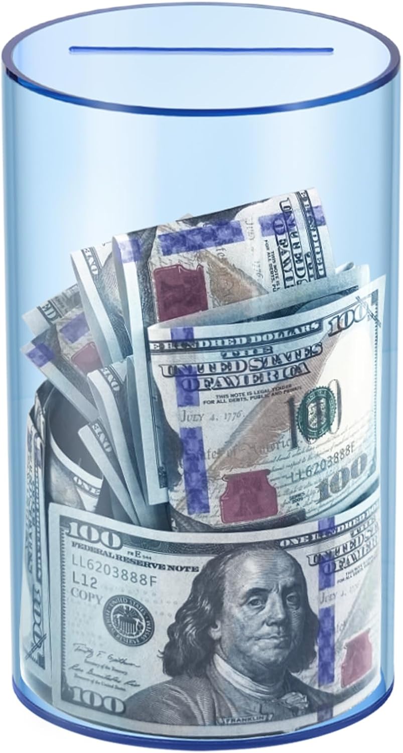 Clear Piggy Bank for Adults/Kids - Blue-cylinder / Medium