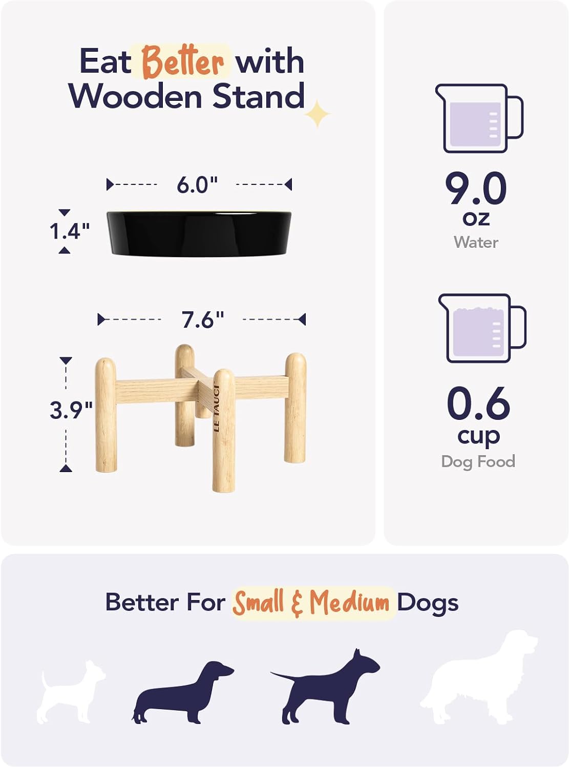 LE TAUCI Ceramic Slow Feeder Dog Bowls Small Breed - Skull Black+Stand / S-0.6 Cups - image 4