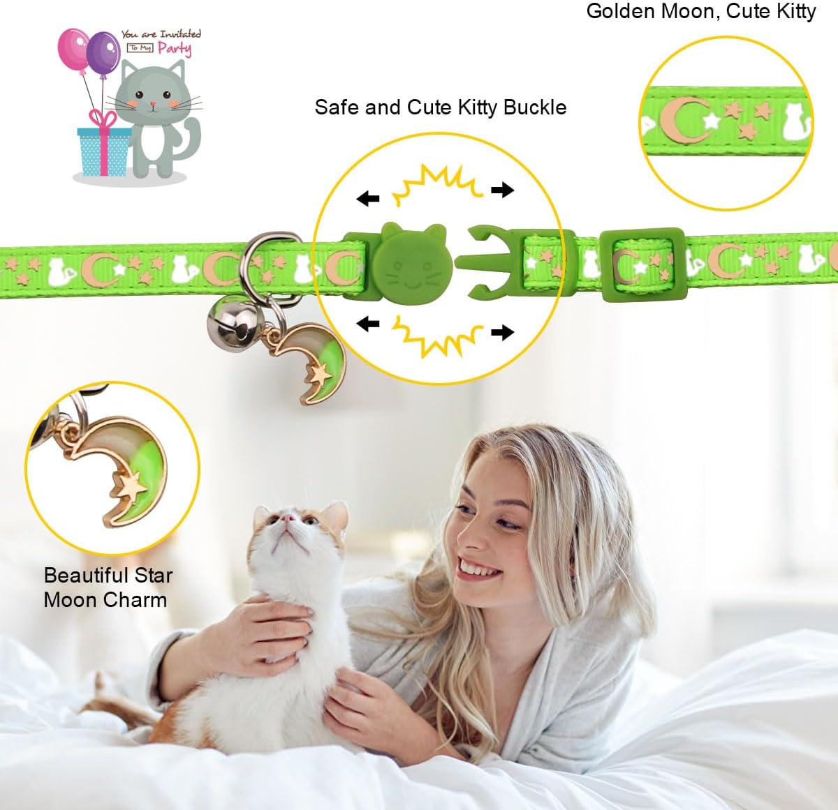 Baeuppit 2PCS Breakaway Cat Collars with Bell Moons Stars Cute Kitty - Neck 6.9-10.7 in / Green&Black - image 3