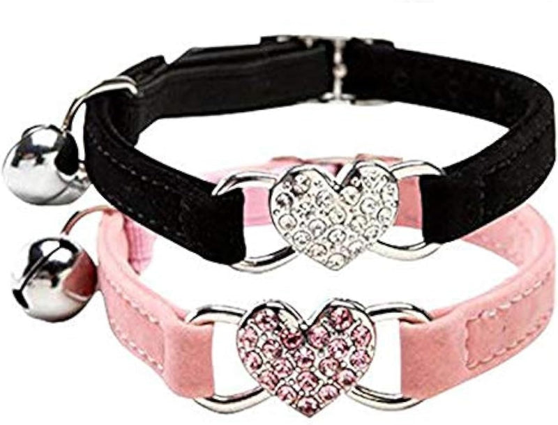CHUKCHI Heart Bling Cat Collar with Safety Belt and Bell 8-11 Inches – Essentials for Cats - Black+Pink