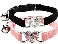CHUKCHI Pink Soft Velvet Safe Cat Adjustable Collar with Crystal Heart Charm and Bells 8-11 Inches(Black+Pink)