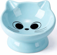 Raised Cat Food Bowl Ceramic 15° Tilted Cat Food Bowls Protect Cat's - FaceBlue-1P / 1
