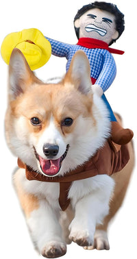 Cowboy rider dog costume with a knight doll riding on the dog's back