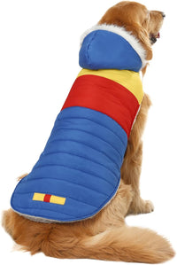 HDE Dog Puffer Jacket Fleece Lined Winter Coat & Harness Hole NVY - Large / 90s Colorblock - image 2
