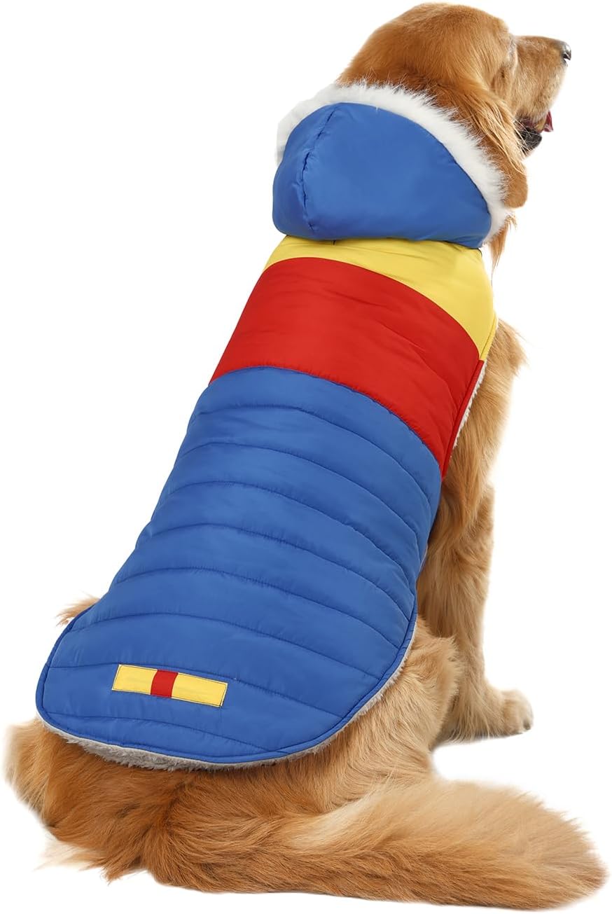 HDE Dog Puffer Jacket Fleece Lined Winter Coat & Harness Hole NVY - Large / 90s Colorblock - image 2