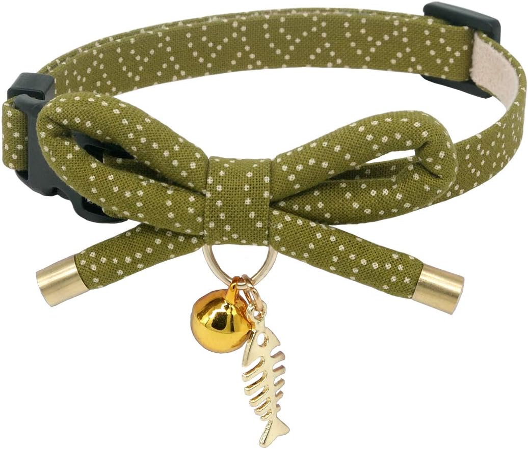 Cute Bowtie Cat Collar with Bell. Japanese Stylish Bowknot & Fish - Small (6-9.5 inches) / Tea Green