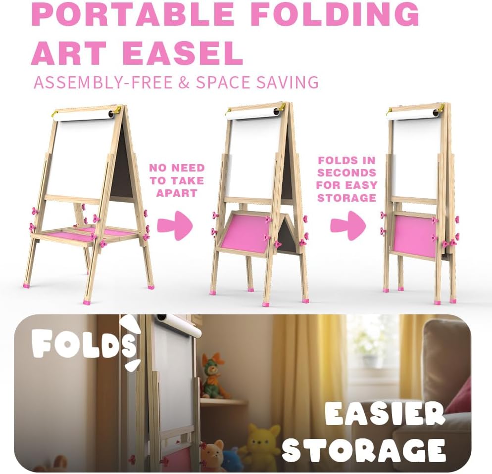 Joyooss Art Easel for Kids Easel for Toddler with Paper roll – Fun for Kids & Family - Foldable Pink - image 2