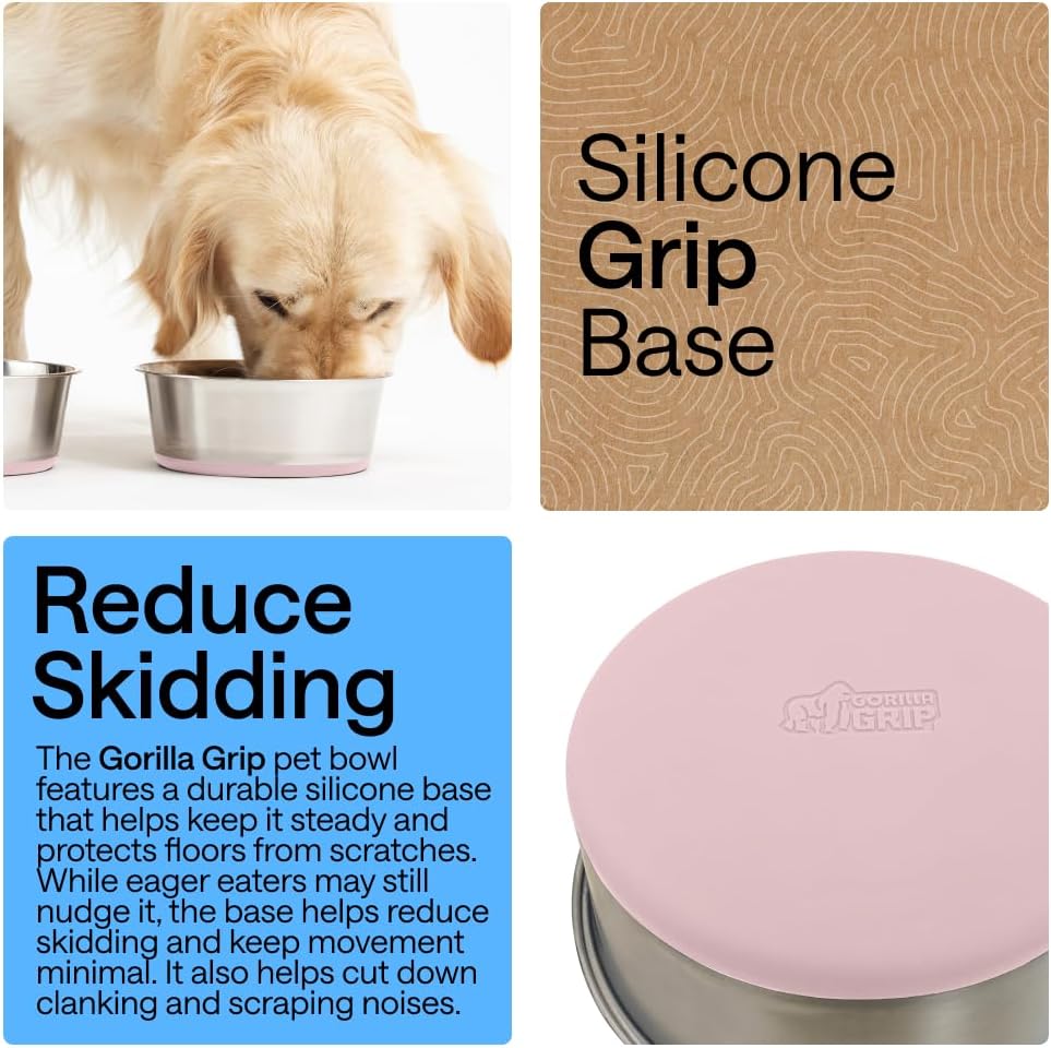 GORILLA GRIP Dog Bowl Set, Food Grade 304 Stainless Steel, 8 Cup - Light Pink / 8 Cup (Set of 2) - image 3