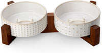 MALACASA Dog Bowl Set, Ceramic Bowls with Walnut Wood Stand - Rhombic+Polka Dots / 2 Cups